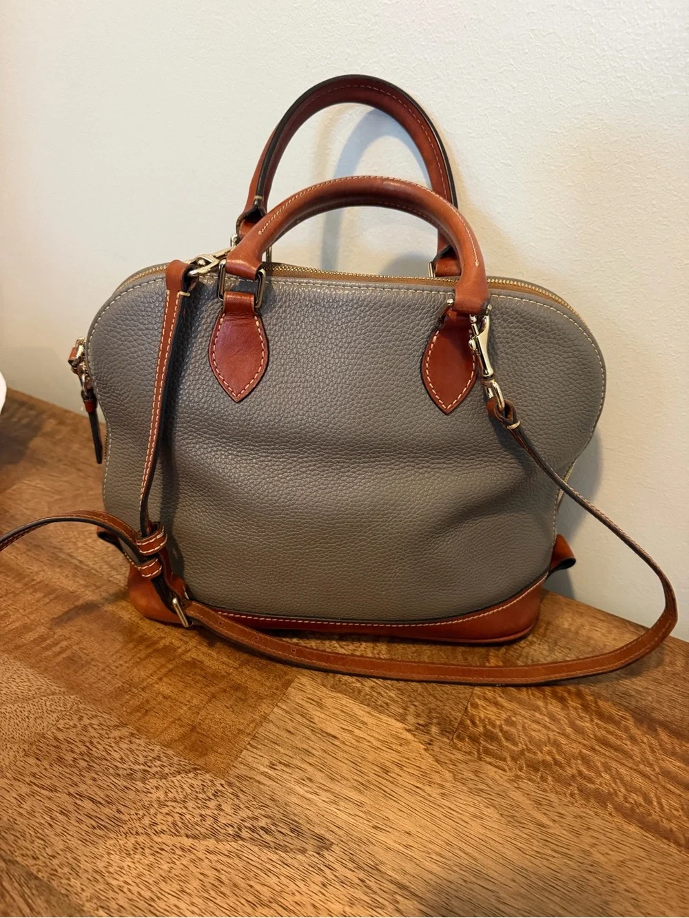 Dooney & Bourke Pebble Grain Zip Zip Satchel with Brown Trim